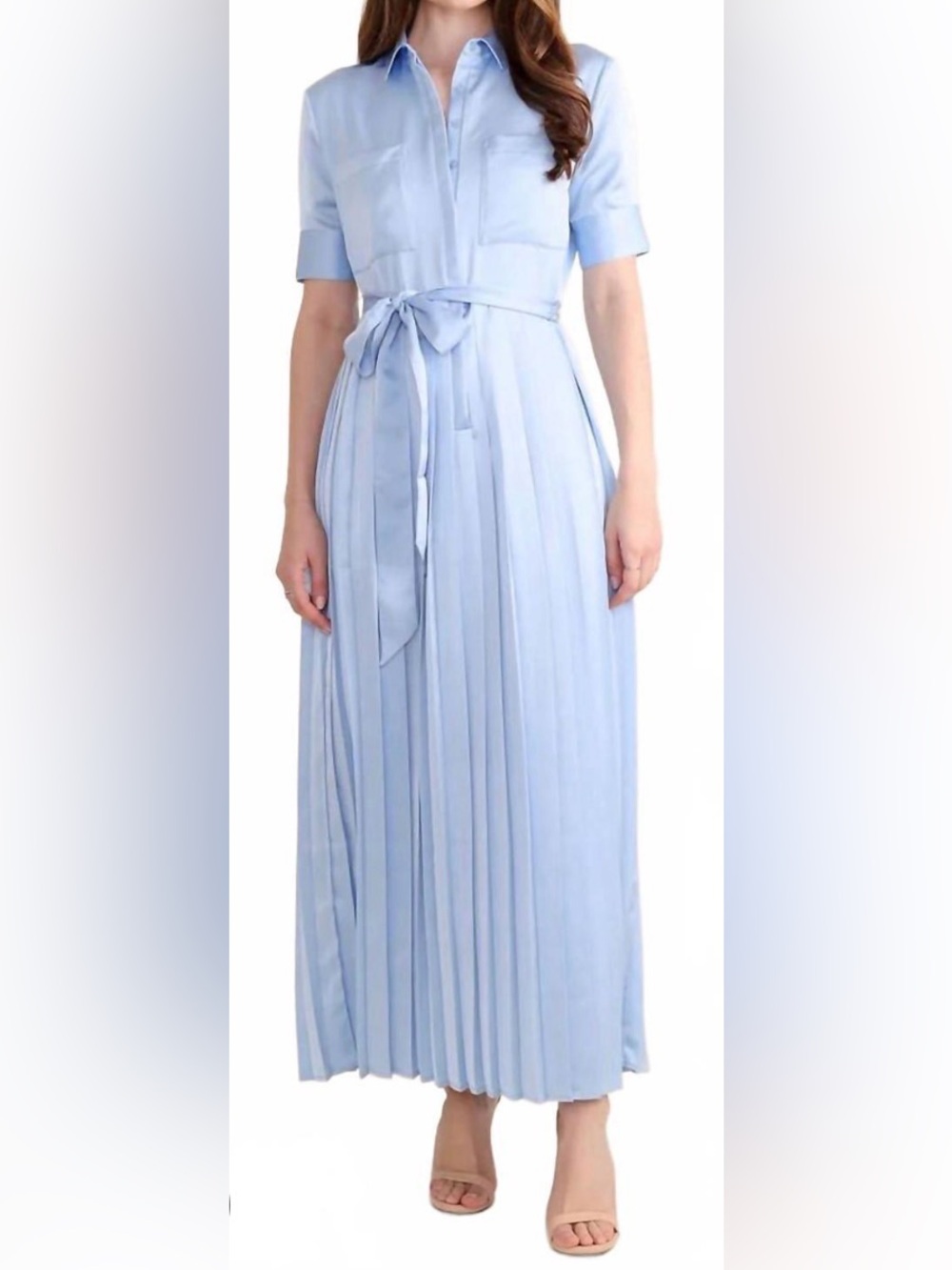 Light Blue Pleated Maxi Skirt Dress with Waist Tie
